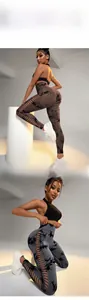 Detail view of tie-dye yoga leggings with side hollow cut-outs and lace-up design