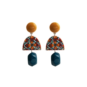 Retro geometric drop earrings with blue and yellow acrylic in baroque style