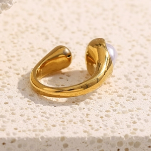 Minimalist 18K gold plated snake-style open ring with a single pearl on stone