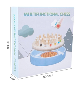 Detailed view of wooden memory chess game set with colorful pegs and packaging