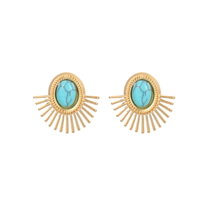 Détails macro des boucles d'oreilles turquoise soleil avec placage d'or et pierres texturées