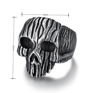 Vintage silver skull ring with unique wood grain texture in punk style for men