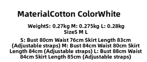 Detail view of the white cotton fabric dress with size charts and adjustable strap info