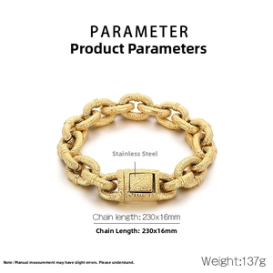 Detail of gold punk link chain bracelet showing stainless steel texture and size specs