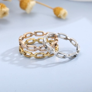 Detailed view of interconnected chain rings in gold, silver and rose gold steel finishes