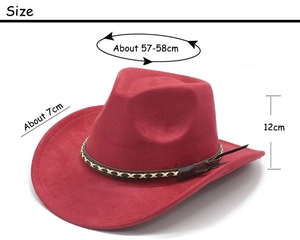 Detailed size specifications for rose red faux suede cowboy hat with 7cm wide brim