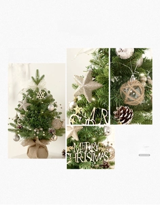 Detail of mini Christmas tree with gold stars, pine cones and rustic burlap base