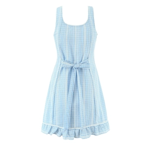 Close-up of light blue plaid dress featuring white lace trim and a waist bow detail