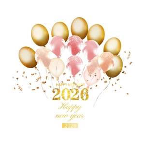 Golden and pink 2026 New Year balloon window stickers set with Happy New Year lettering