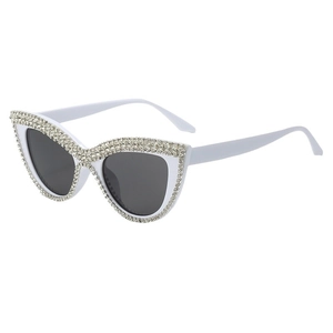 White cat-eye sunglasses for women with crystal rhinestones and dark lenses