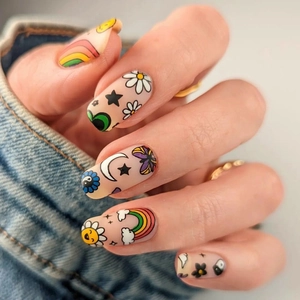 Matte Press On Nails Cartoon Smiley Face Rainbow Butterfly Flower Pattern Full Cover False Nails For Women And Girls