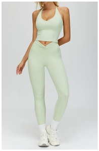 Detailed V-neck halter sports top and high waist leggings in mint green yoga set