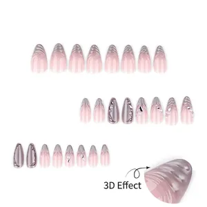 3D water ripple press-on nails with light cat-eye effect, pearls and sparkling rhinestones