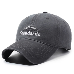 Distressed dark grey washed cotton baseball cap with white California Standards embroidery