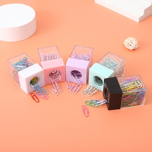 Square magnetic paper clip holder in macaron colors with transparent plastic body