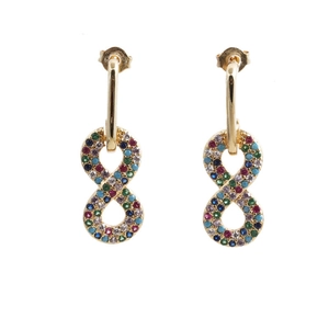 Detailed macro view of gold-plated infinity stud earrings with colorful cubic zirconia