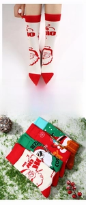 Detailed knit of Christmas crew socks featuring festive Santa and snowman patterns