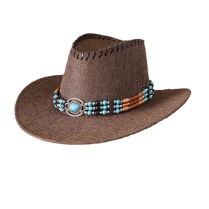 Dark brown woven cowboy hat with bohemian turquoise beaded band on a white background