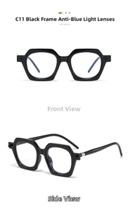 Detail view of model C11 black geometric hexagonal frames with blue light blocking lenses