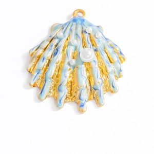 Exquisite gold seashell pendant with blue enamel and pearls on a white background
