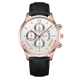 Men's business quartz watch with rose gold case, white dial and black leather strap