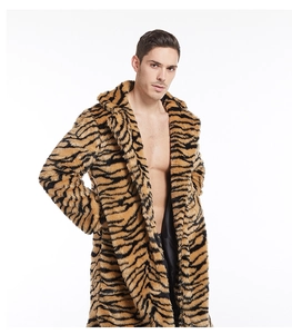 Detail of premium faux fur texture and bold tiger print on a men's long winter coat
