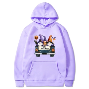 Lavender Halloween hoodie featuring cute gnomes, pumpkins, and a cat graphic print