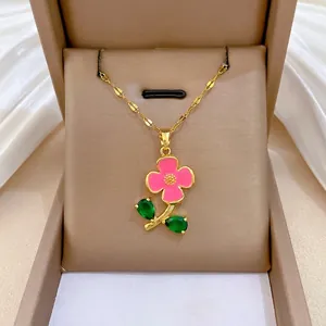 Collier Pendentif Fleur Chaîne En Acier Inoxydable Cuivre Émail Rose Zircon Vert Bijoux Élégants Pour Femmes