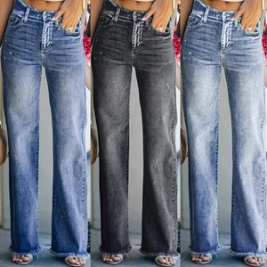Women High Waist Wide Leg Jeans Distressed Ripped Cotton Polyester Denim Pants Frayed Hem Washed Streetwear Retro