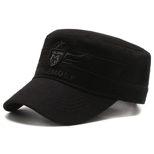 Black cotton flat top military cap with wolf head embroidery and tactical retro style