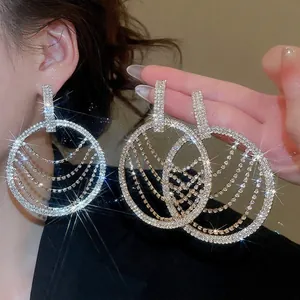 Boucles Oreilles Pendantes Cercle À Franges En Strass Avec Tige En Argent Multicouche Bijoux Luxe Pour Femme