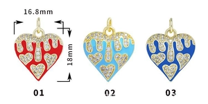 Detailed size specifications of 18K gold-plated heart charms with enamel and zircon
