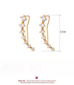 Detailed view of leaf-shaped ear clips with white zircon inlay and product measurements