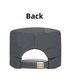 Detail of dark grey sun hat back with breathable mesh and adjustable metal buckle