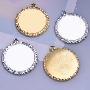 Detail of round 304 stainless steel pendants with textured twist edges for DIY making