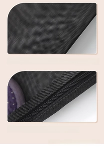 Detail of thickened black nylon mesh texture and reinforced edge stitching on makeup bag