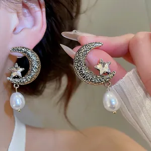 Vintage Gold Moon Star Artificial Pearl Earrings With 925 Sterling Silver Earring Post Alloy Rhinestone Celestial Jewelry For Women