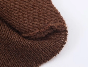 Close-up of dark brown ribbed knit texture showing the thick elastic yarn fibers