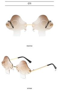 Detailed views of mushroom-shaped rimless sunglasses with gold metal frame and brown lenses