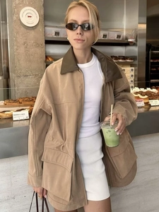 Khaki utility workwear jacket with brown leather collar and large pockets for women