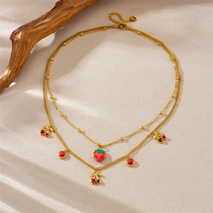 Double-layer gold stainless steel necklace with cherry and strawberry enamel pendants