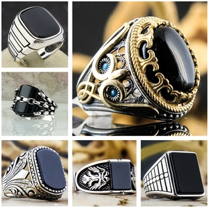 Collage showing various men's vintage rings with black stones and intricate patterns