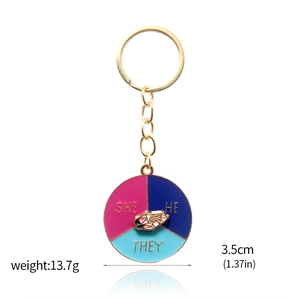 Detail view of round enamel keychain showing SHE, HE, and THEY pronouns in blue and pink