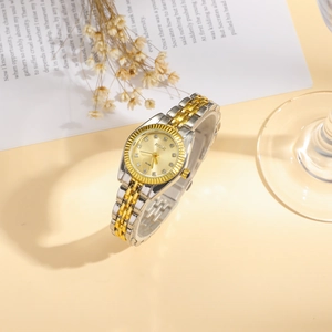 Vue détaillée de montre quartz femme avec cadran nacre, cristaux et bracelet bicolore
