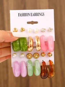 Chic multi-color resin and metal hoop earring set in green, pink, and gold tones