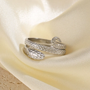 Vintage snake-shaped stainless steel wrap ring with polished silver finish and open design