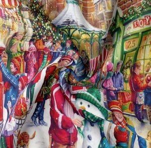 Details aus seidigem Polyestergewebe mit festlichem Weihnachts-Schneemann-Aufdruck