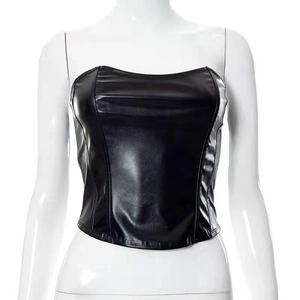 Fashionable black PU leather strapless corset top for women featuring a slim fit design