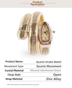 Detailed specs of the golden snake-shaped quartz watch with crystal-set dial and alloy band