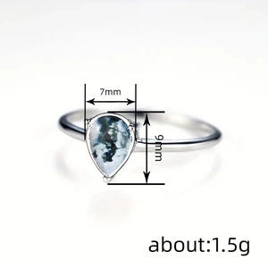 Minimalist silver ring with water drop moss agate stone, 7x9mm size, 1.5g weight